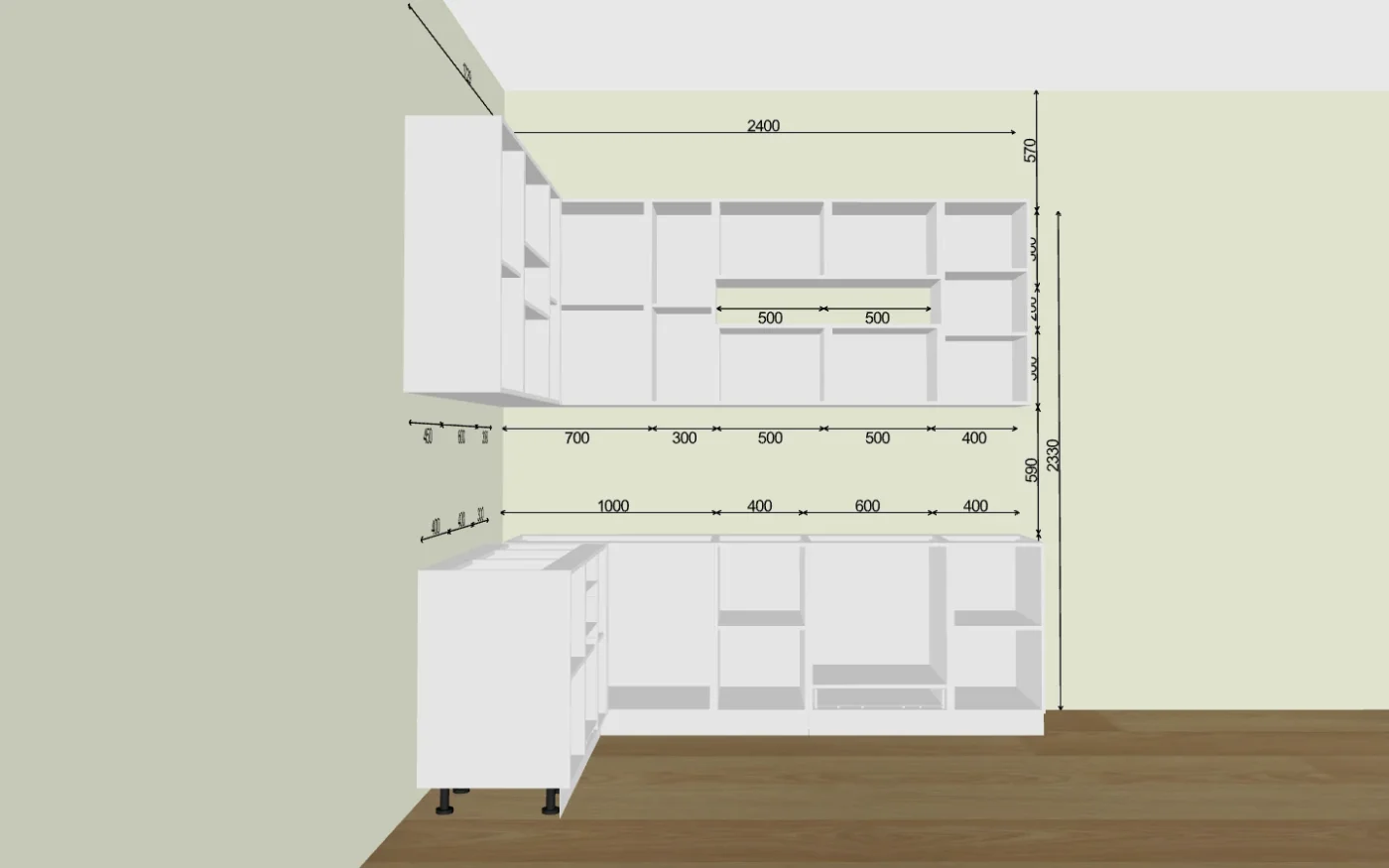 Готовый кухонный гарнитур кухня угловая без столешницы Флэт-02 2340*1700,2390*600 White In 2S, Grey-green In 2S